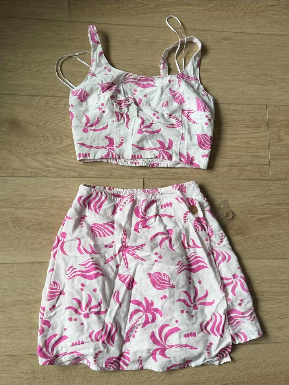 Two-Piece Pink & White Tropical Crop Top & Skirt Matching Set
